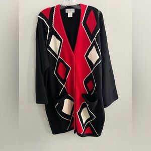 Charter Club Vintage Lambswool Geometric Patterned Black & Red Oversized Sweater